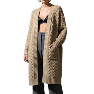 Sarah John France tan chunky knit open front Italian made wool blend cardigan